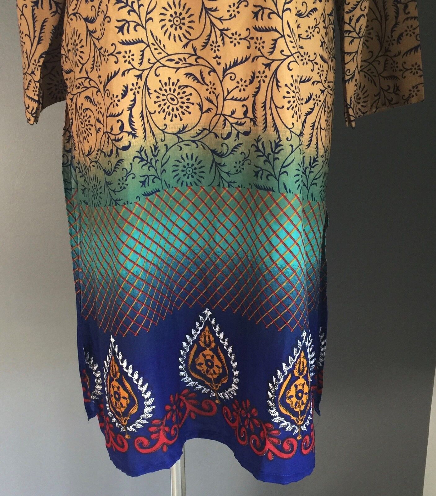 Bohemian Dress Brown Green Tunic Kaftan 3/4 Sleeve Size 12 (40) NEW