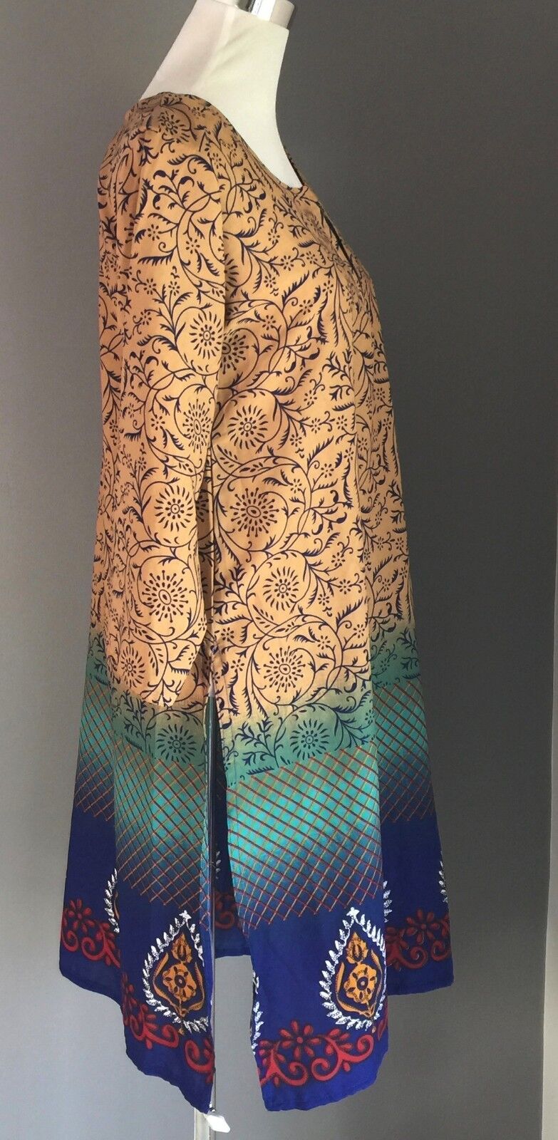 Bohemian Dress Brown Green Tunic Kaftan 3/4 Sleeve Size 12 (40) NEW