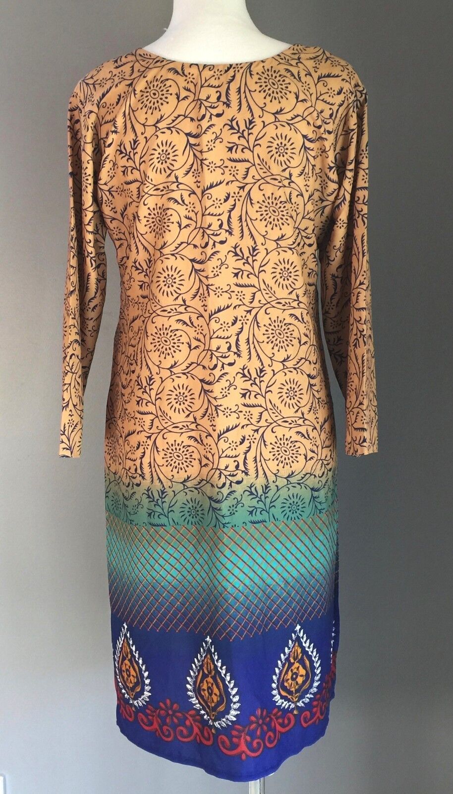 Bohemian Dress Brown Green Tunic Kaftan 3/4 Sleeve Size 12 (40) NEW
