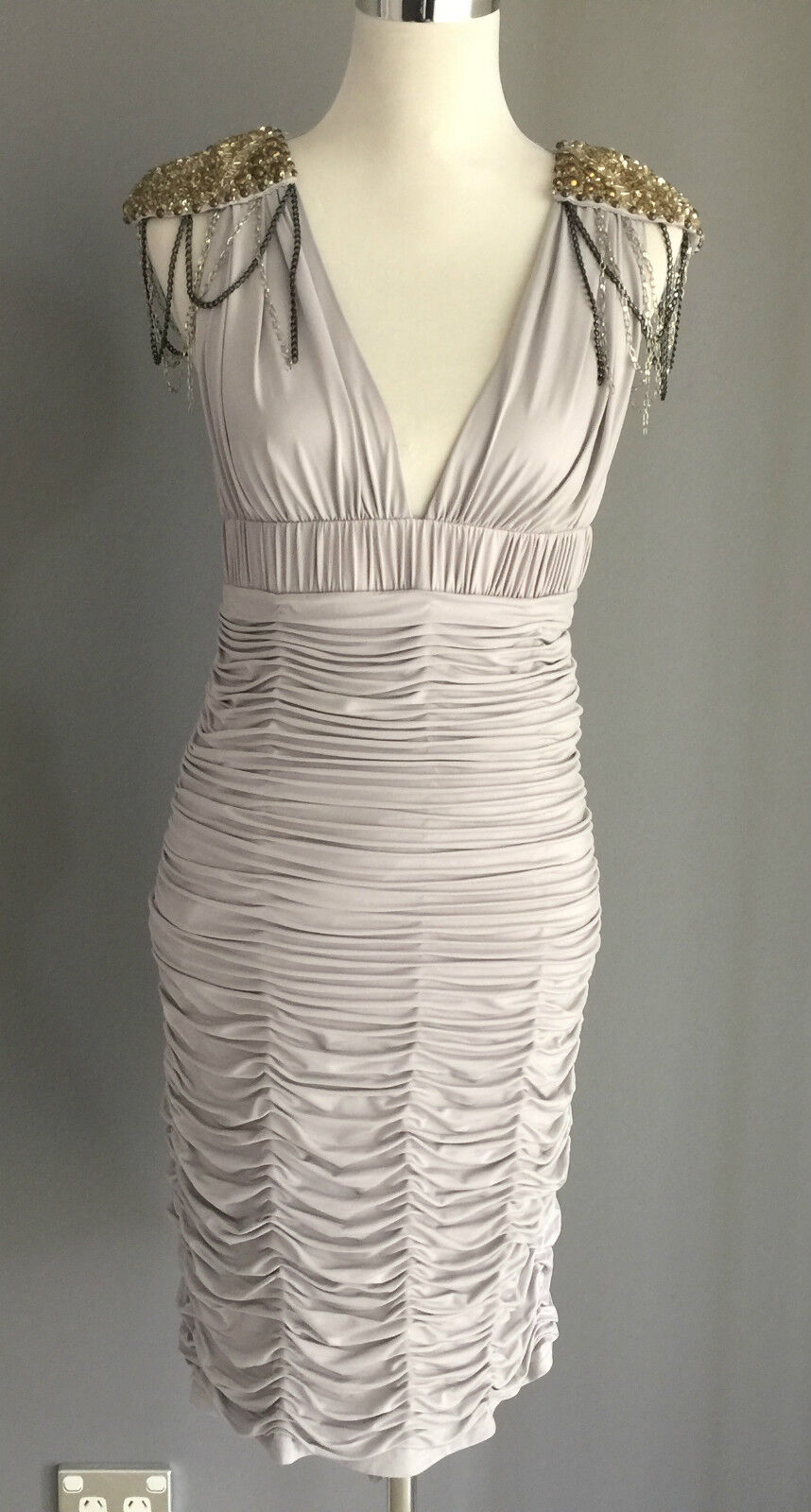 ROSE NOIR Light Grey Knee Length Ruched Dress Sizes 10 & 12 Parties Formal NEW