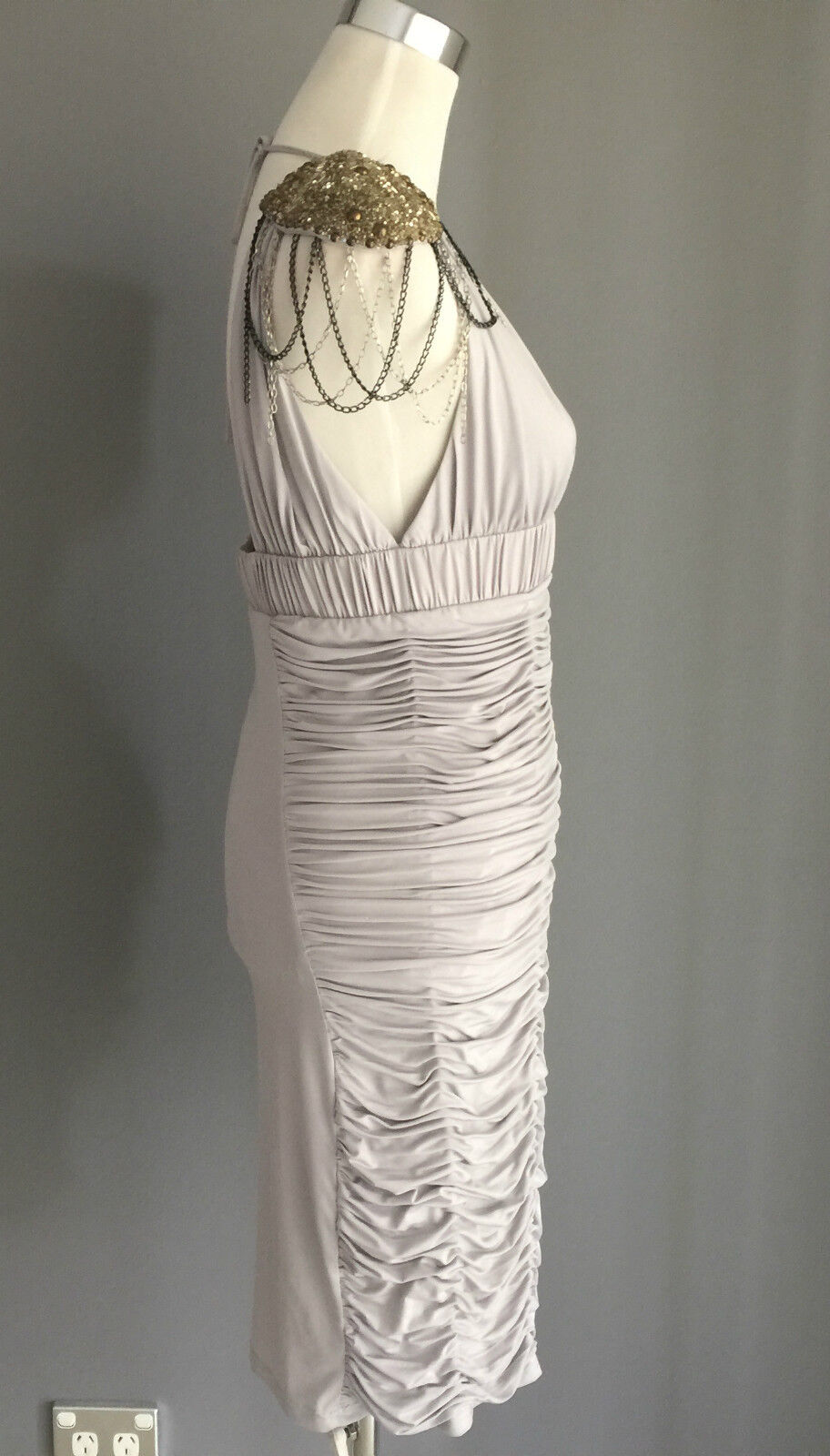 ROSE NOIR Light Grey Knee Length Ruched Dress Sizes 10 & 12 Parties Formal NEW