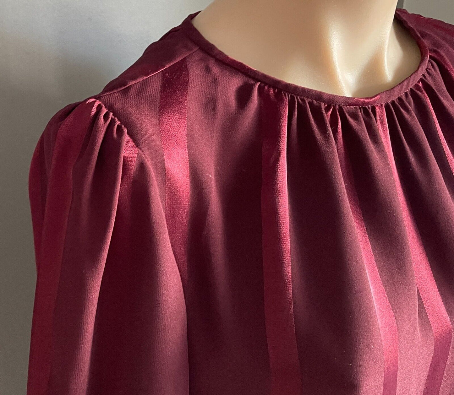 Vintage TOUCH OF CLASS Dress Burgundy Self Stripe Sheath 3/4 Puff Sleeve Size 12