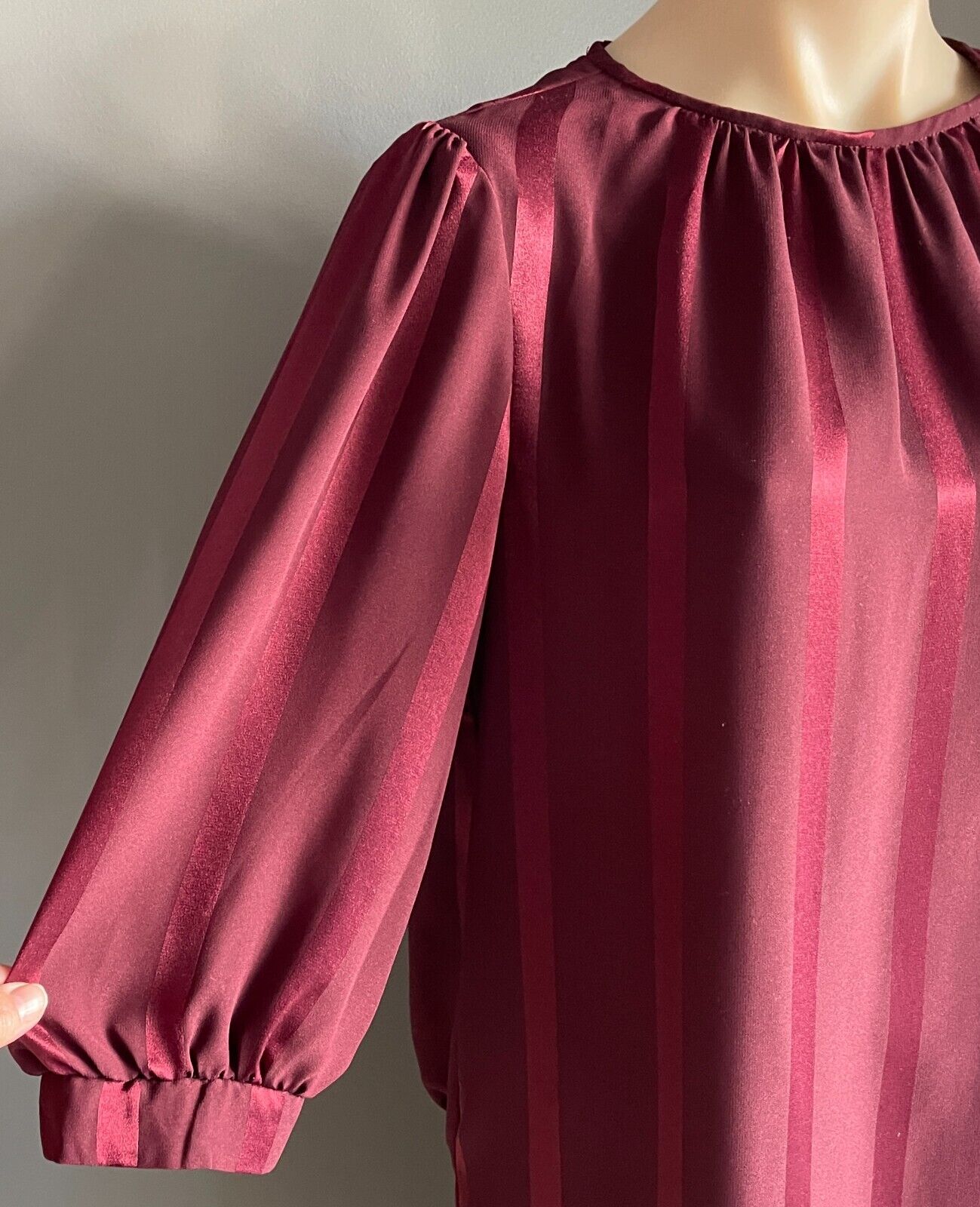 Vintage TOUCH OF CLASS Dress Burgundy Self Stripe Sheath 3/4 Puff Sleeve Size 12