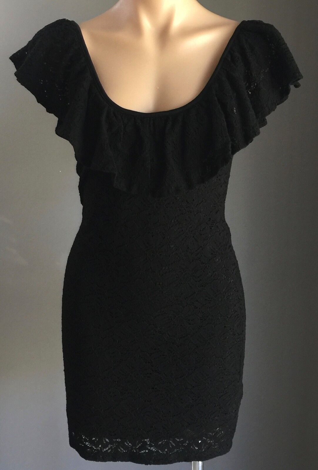 AUAHUA Sexy Mini Dress Black Stretch Lace Frill Neck & Back Sz L 12 Alluring LBD