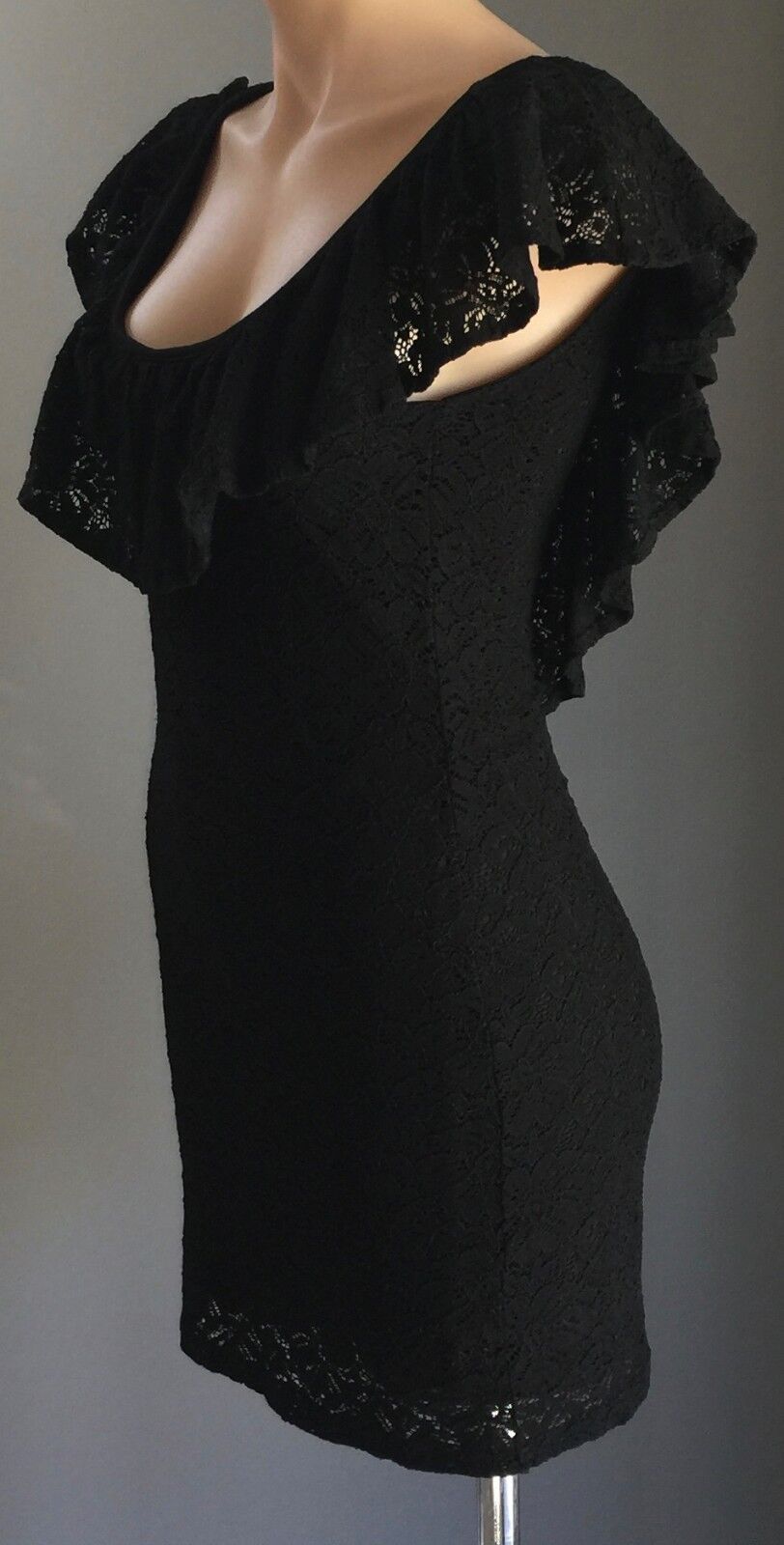 AUAHUA Sexy Mini Dress Black Stretch Lace Frill Neck & Back Sz L 12 Alluring LBD