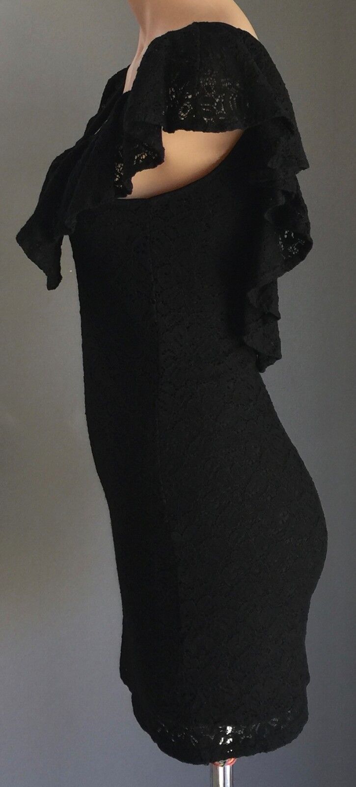 AUAHUA Sexy Mini Dress Black Stretch Lace Frill Neck & Back Sz L 12 Alluring LBD