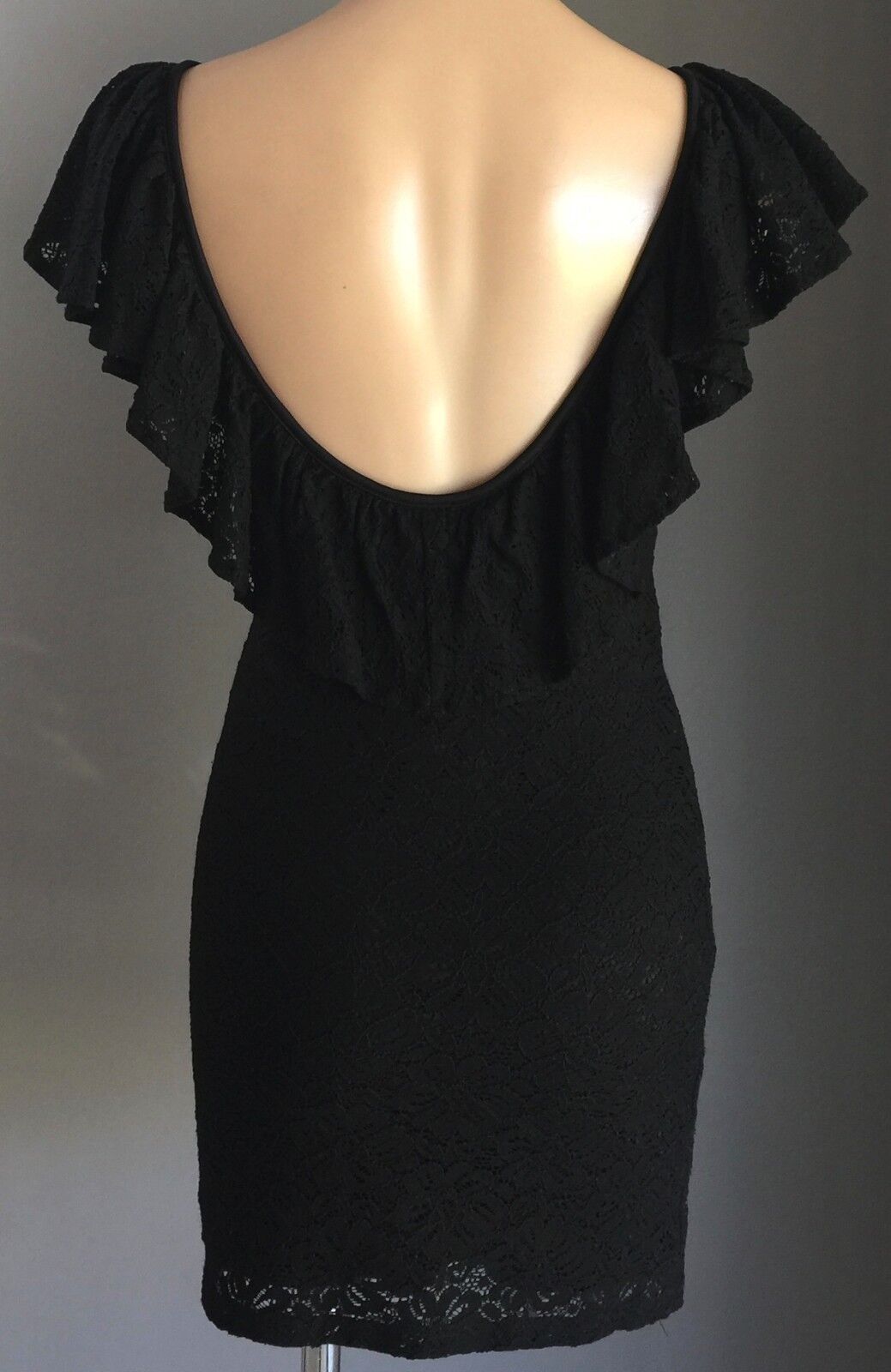AUAHUA Sexy Mini Dress Black Stretch Lace Frill Neck & Back Sz L 12 Alluring LBD