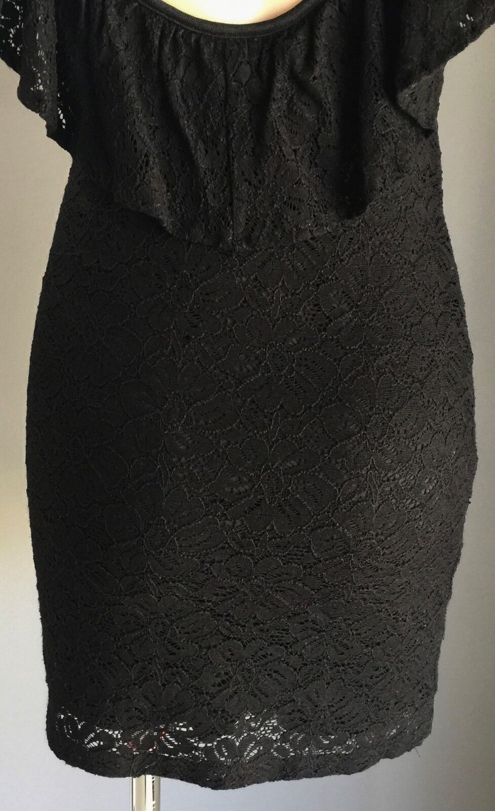 AUAHUA Sexy Mini Dress Black Stretch Lace Frill Neck & Back Sz L 12 Alluring LBD