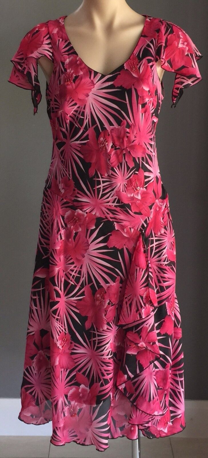TROPICAL Print Dress Bias Cut Flutter Sleeve Pink & Black Size 10 - 12  Stunning