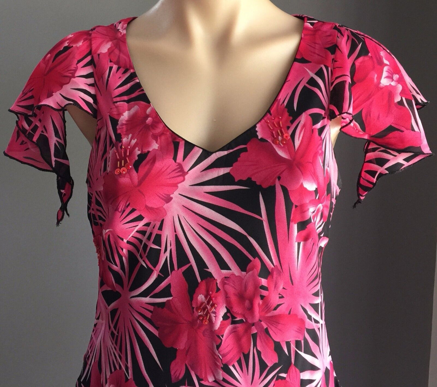 TROPICAL Print Dress Bias Cut Flutter Sleeve Pink & Black Size 10 - 12  Stunning