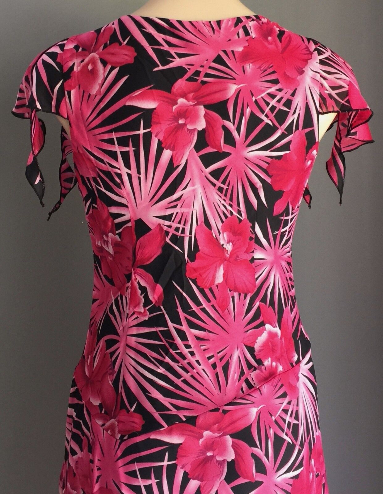 TROPICAL Print Dress Bias Cut Flutter Sleeve Pink & Black Size 10 - 12  Stunning