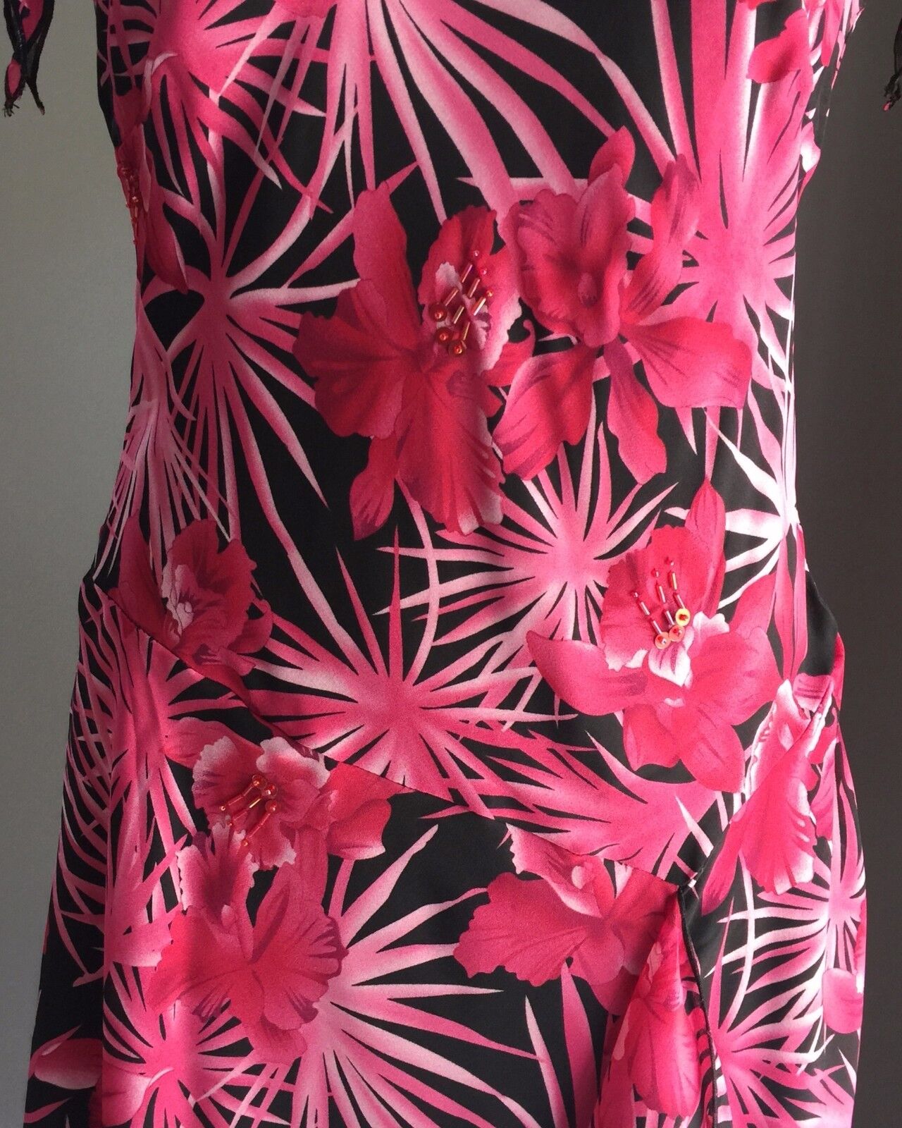 TROPICAL Print Dress Bias Cut Flutter Sleeve Pink & Black Size 10 - 12  Stunning