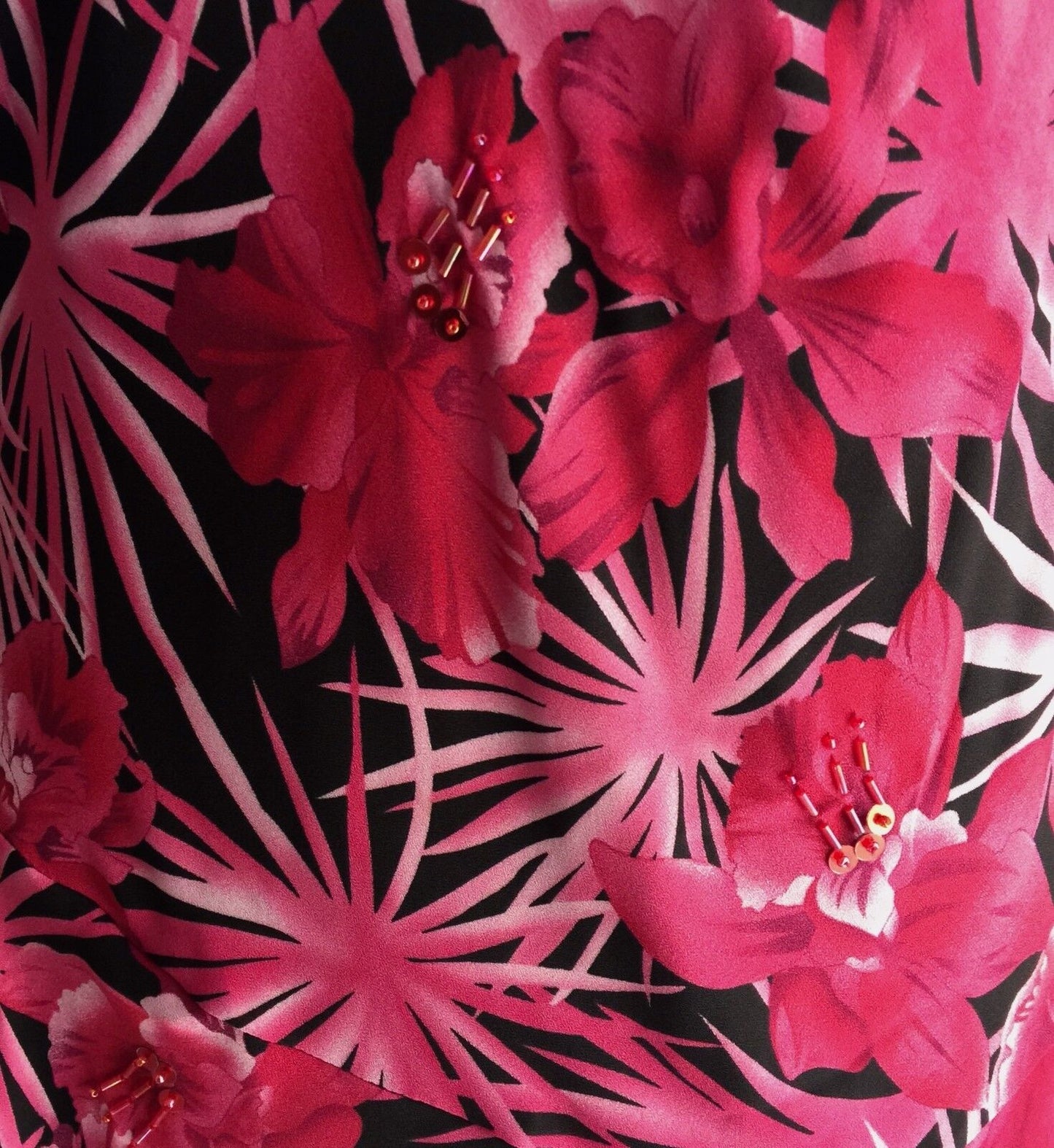 TROPICAL Print Dress Bias Cut Flutter Sleeve Pink & Black Size 10 - 12  Stunning