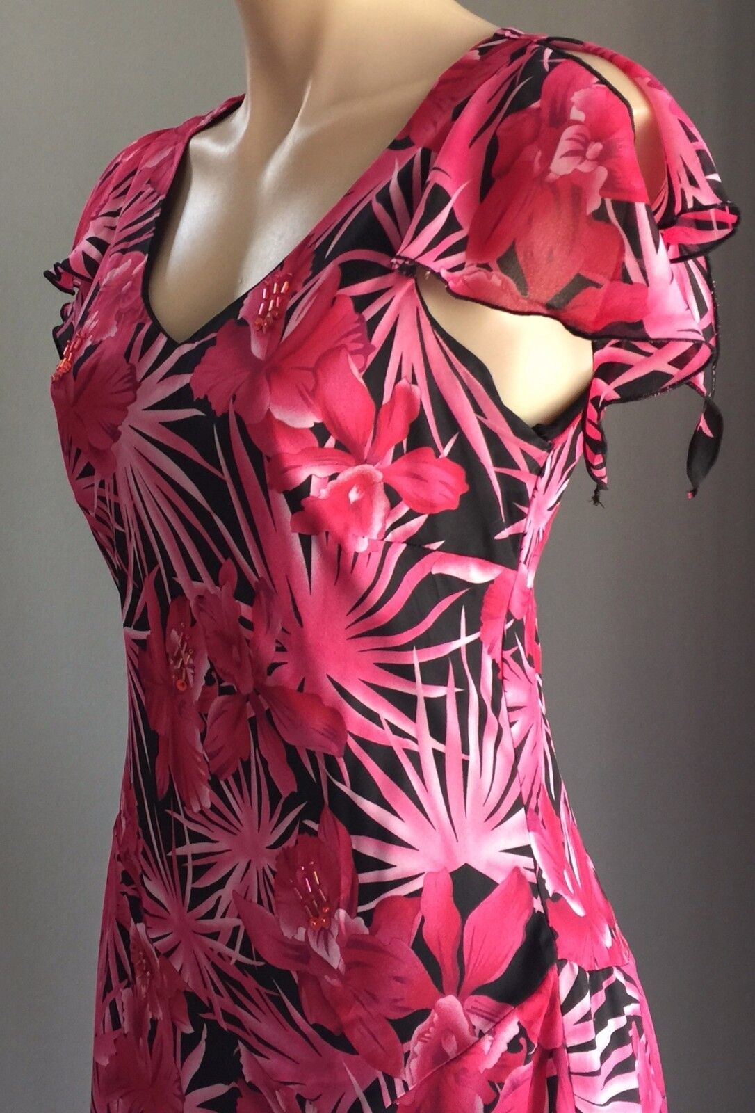 TROPICAL Print Dress Bias Cut Flutter Sleeve Pink & Black Size 10 - 12  Stunning