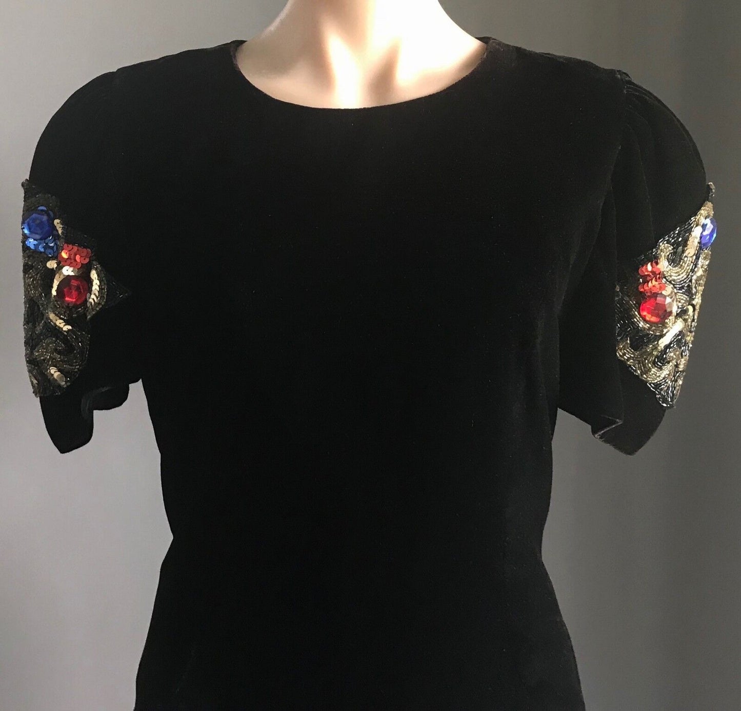 AURELIE Dress Black Velvet Short Sleeve Purple Aubergine Embellished Sz 12 14