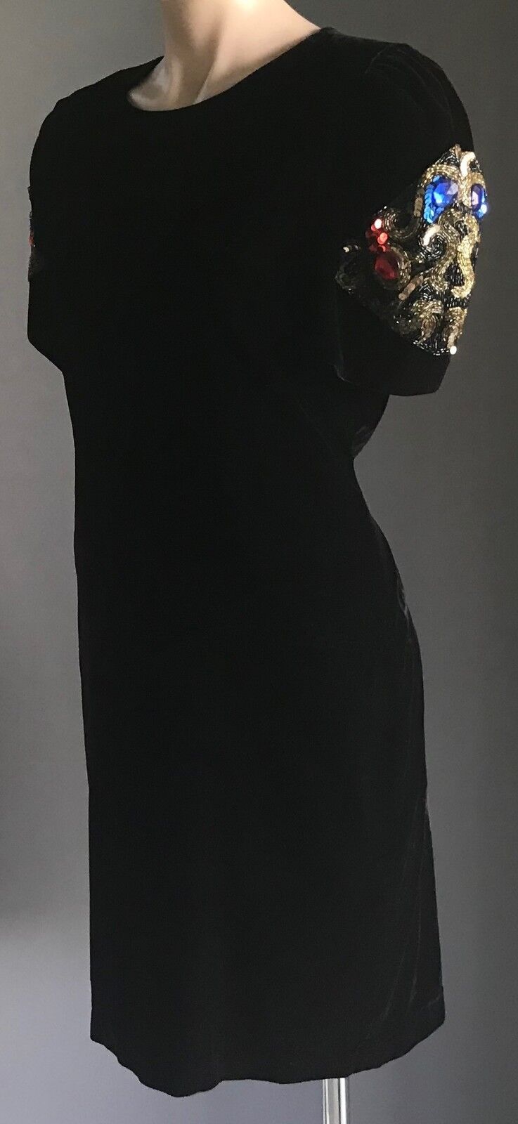 AURELIE Dress Black Velvet Short Sleeve Purple Aubergine Embellished Sz 12 14