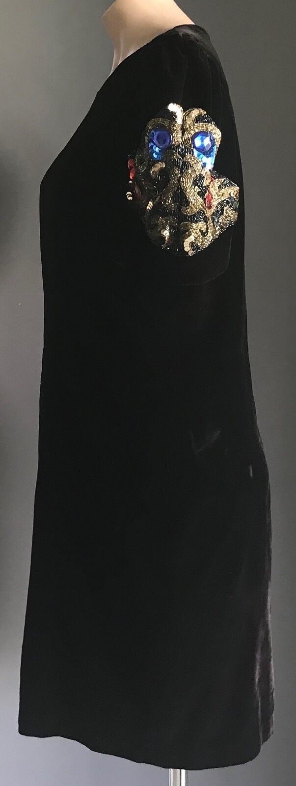 AURELIE Dress Black Velvet Short Sleeve Purple Aubergine Embellished Sz 12 14