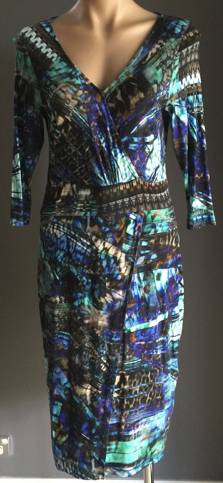 STUDIBAKER Wrap Dress Multi Colour Print 3/4 Sleeve Stretch Size 12 Retro NEW