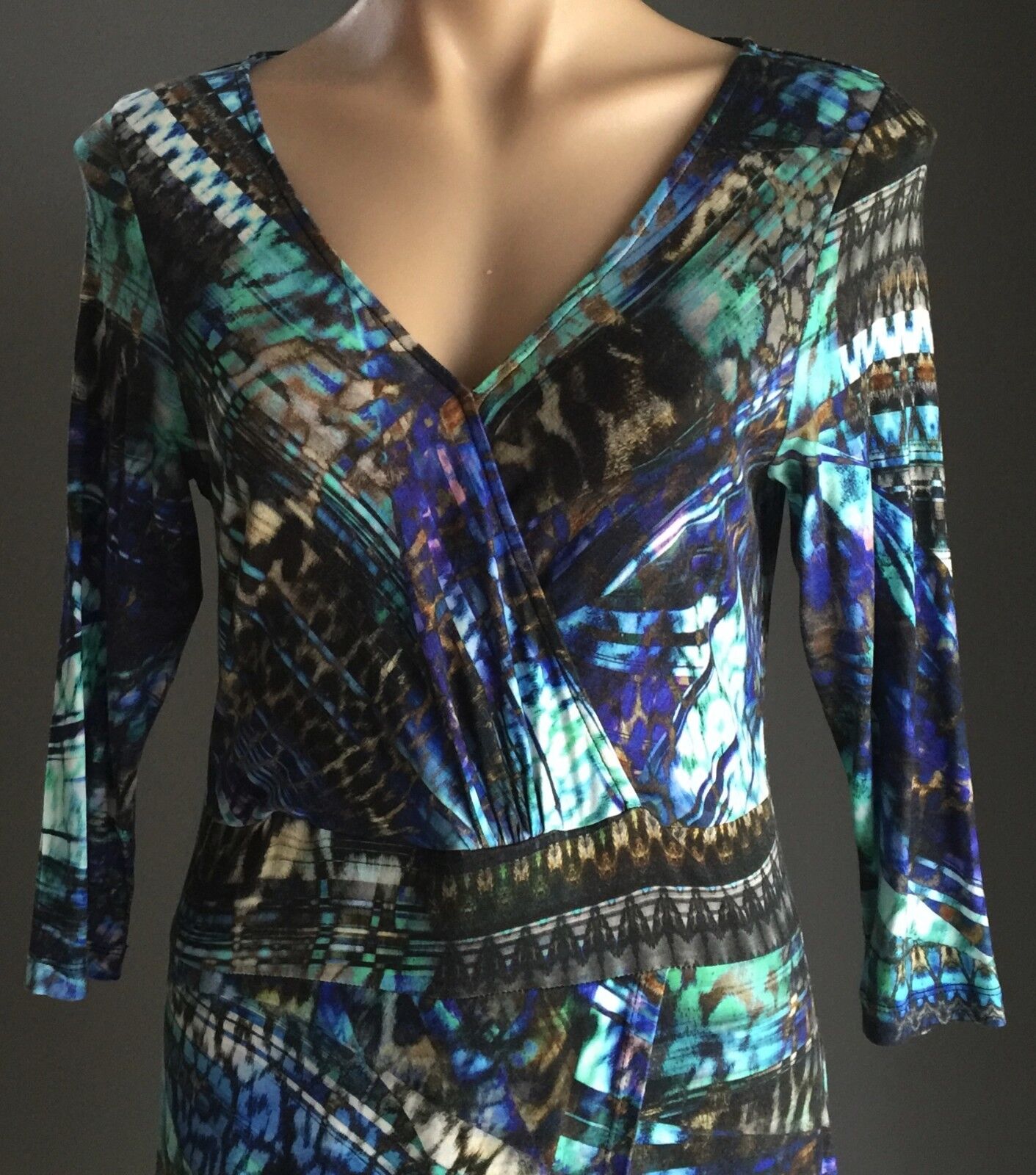 STUDIBAKER Wrap Dress Multi Colour Print 3/4 Sleeve Stretch Size 12 Retro NEW