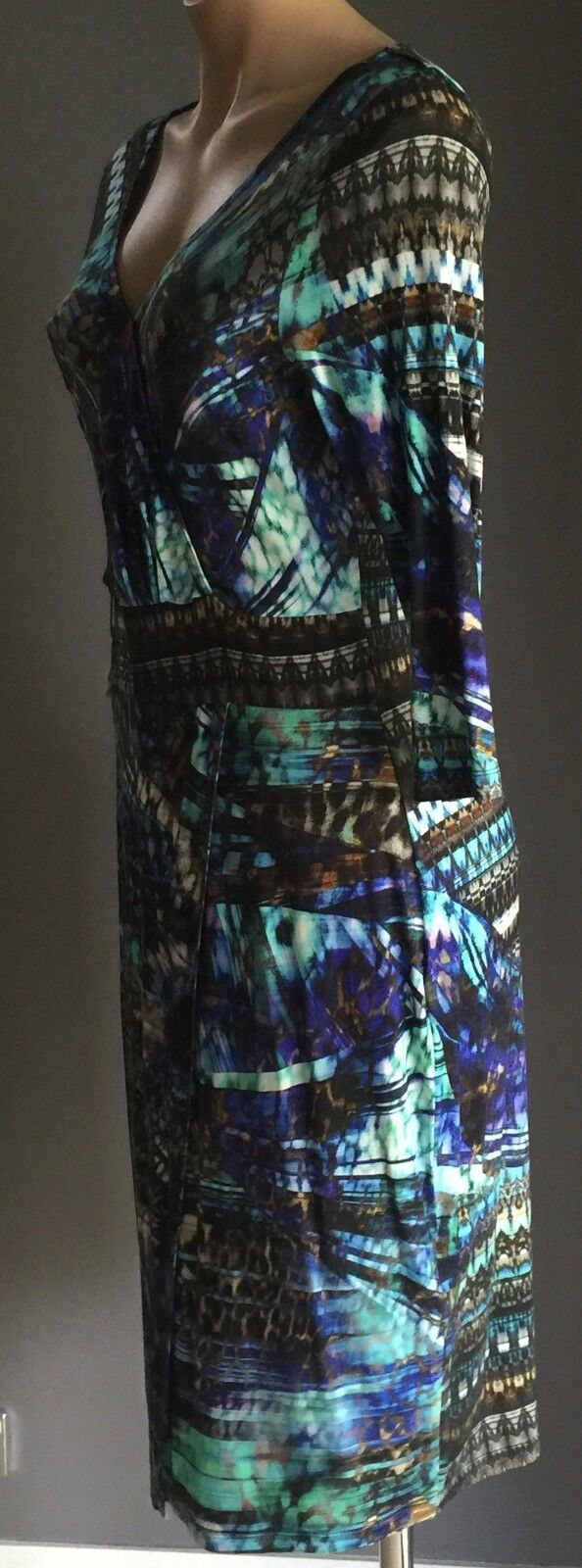 STUDIBAKER Wrap Dress Multi Colour Print 3/4 Sleeve Stretch Size 12 Retro NEW