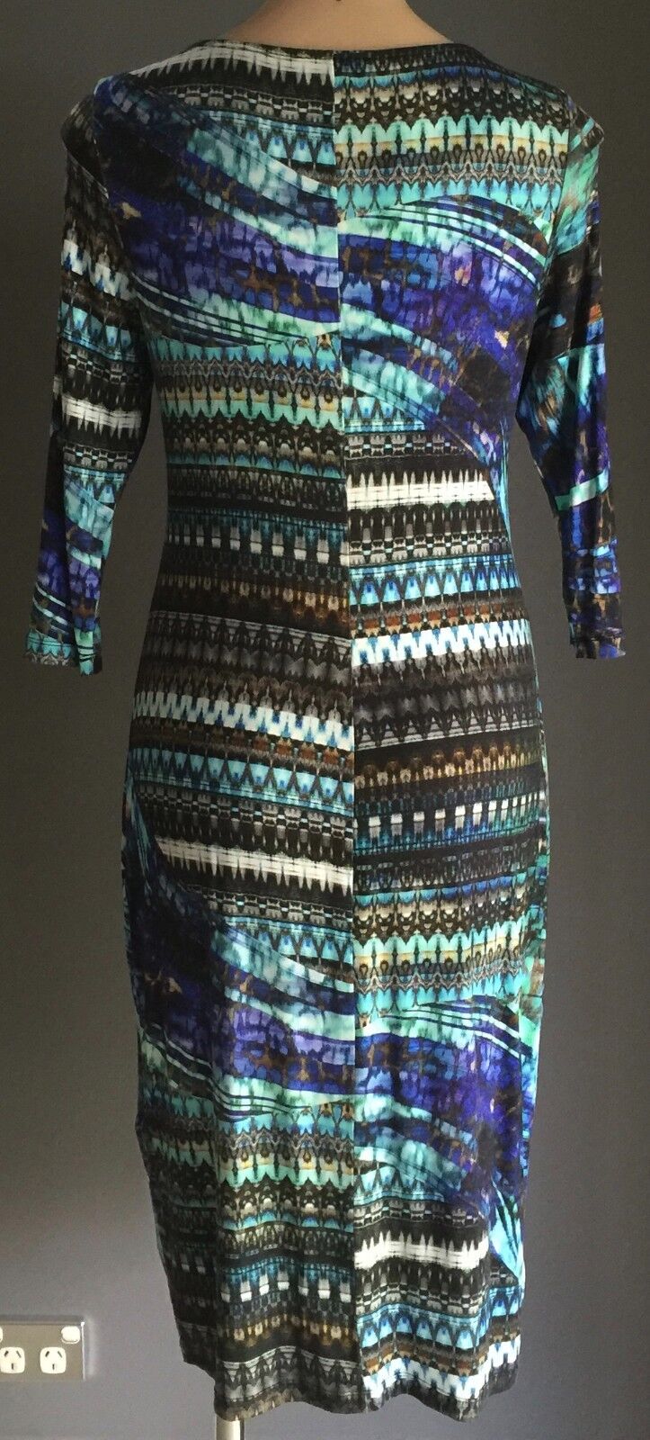 STUDIBAKER Wrap Dress Multi Colour Print 3/4 Sleeve Stretch Size 12 Retro NEW