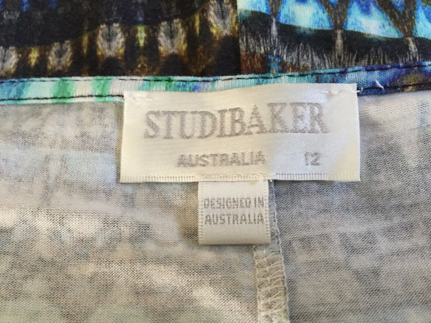 STUDIBAKER Wrap Dress Multi Colour Print 3/4 Sleeve Stretch Size 12 Retro NEW