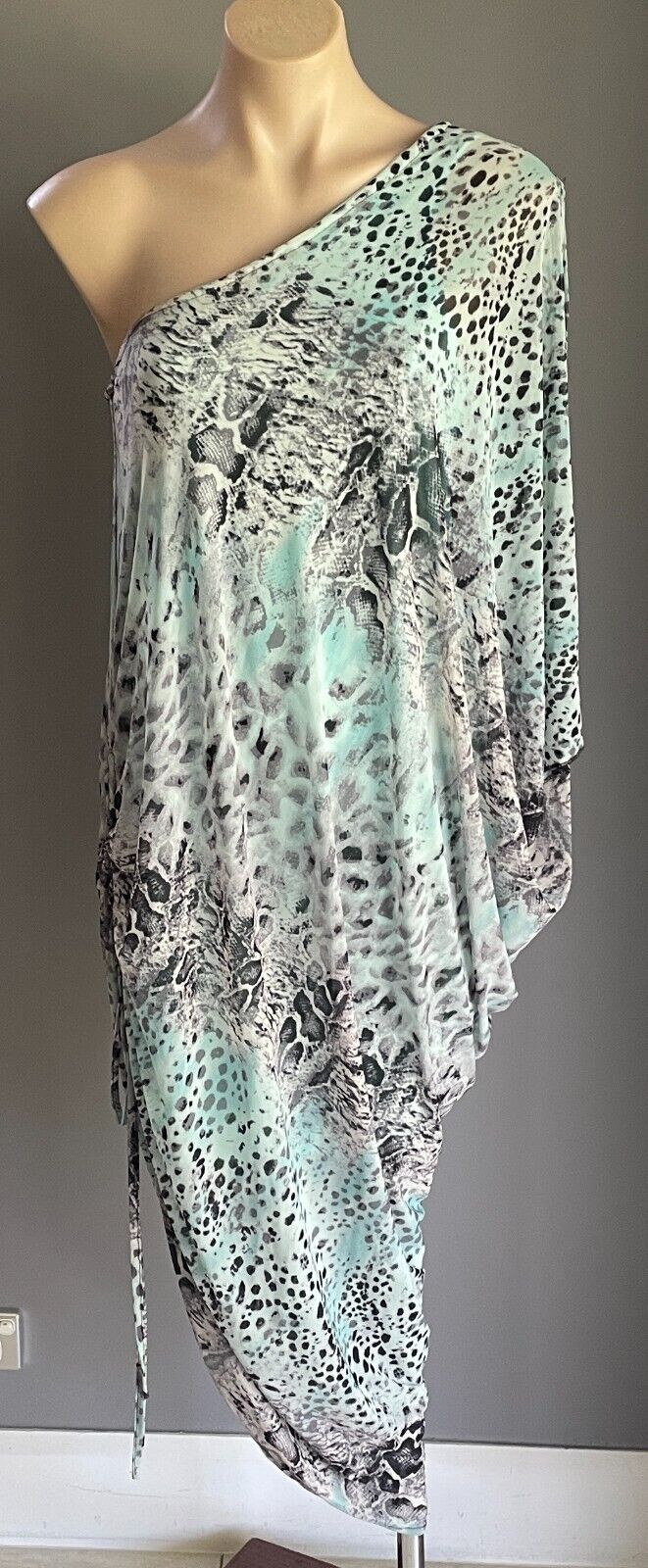 ZEN GARDEN Dress Blue Grey Black Python Print One Shoulder Ruched Side Size L