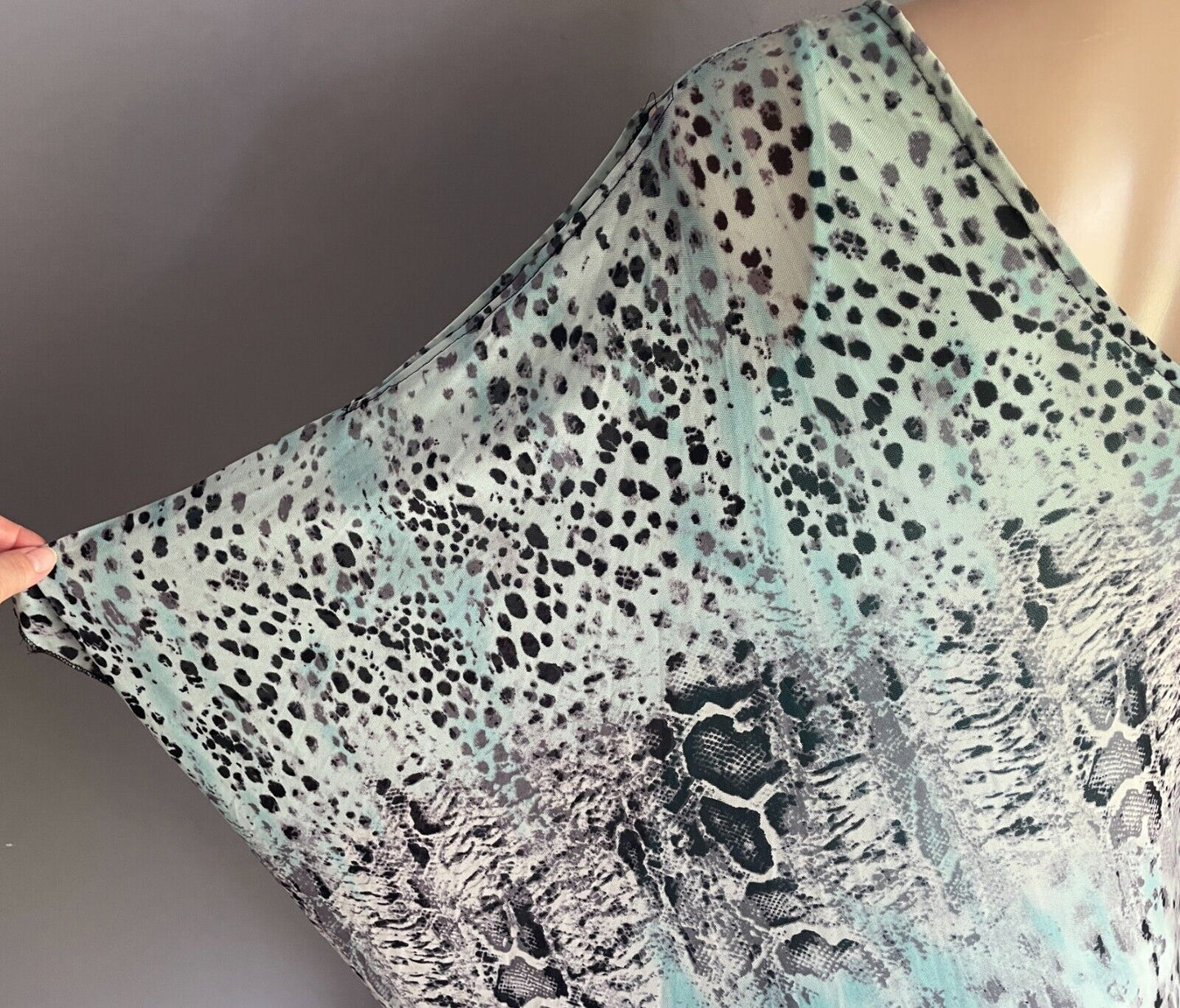 ZEN GARDEN Dress Blue Grey Black Python Print One Shoulder Ruched Side Size L