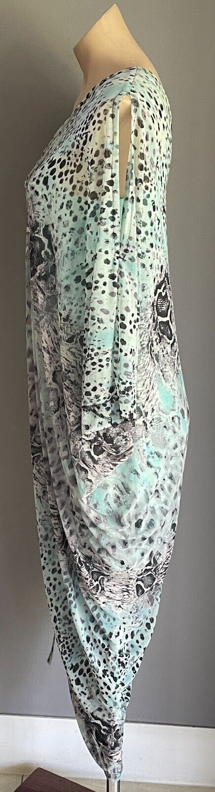 ZEN GARDEN Dress Blue Grey Black Python Print One Shoulder Ruched Side Size L