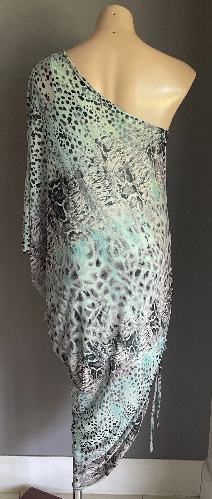 ZEN GARDEN Dress Blue Grey Black Python Print One Shoulder Ruched Side Size L