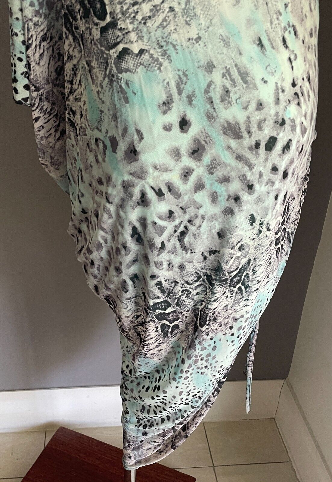 ZEN GARDEN Dress Blue Grey Black Python Print One Shoulder Ruched Side Size L