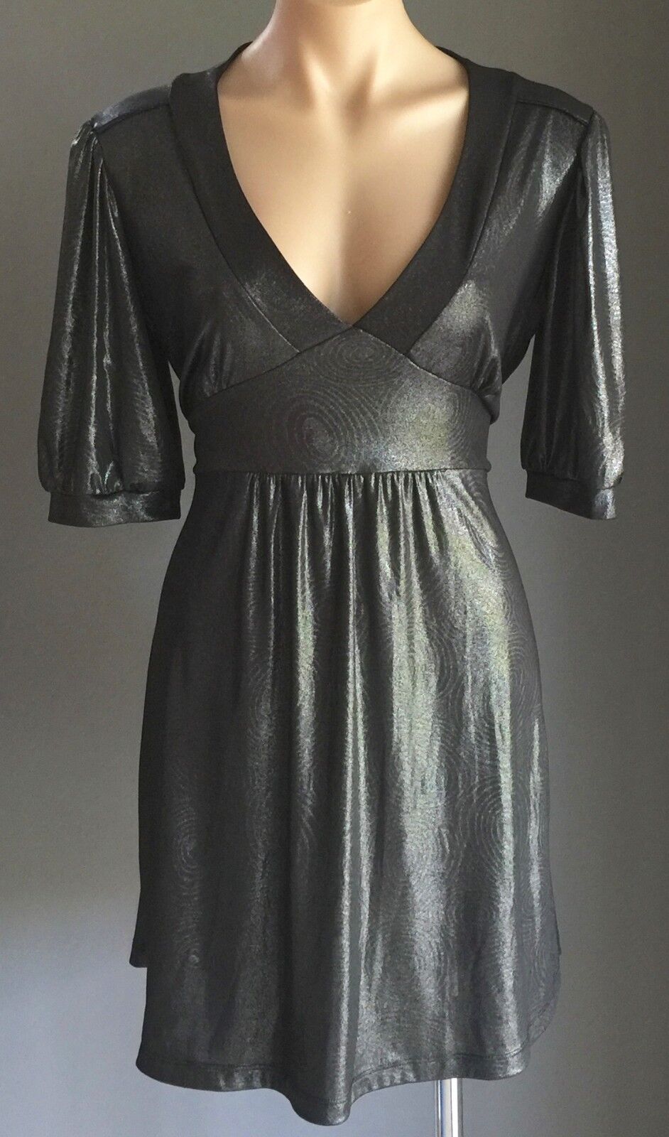 RIKI NATHAN Empire Waist Dress Charcoal Grey Wet Look Tie Back Size 14 Stunning
