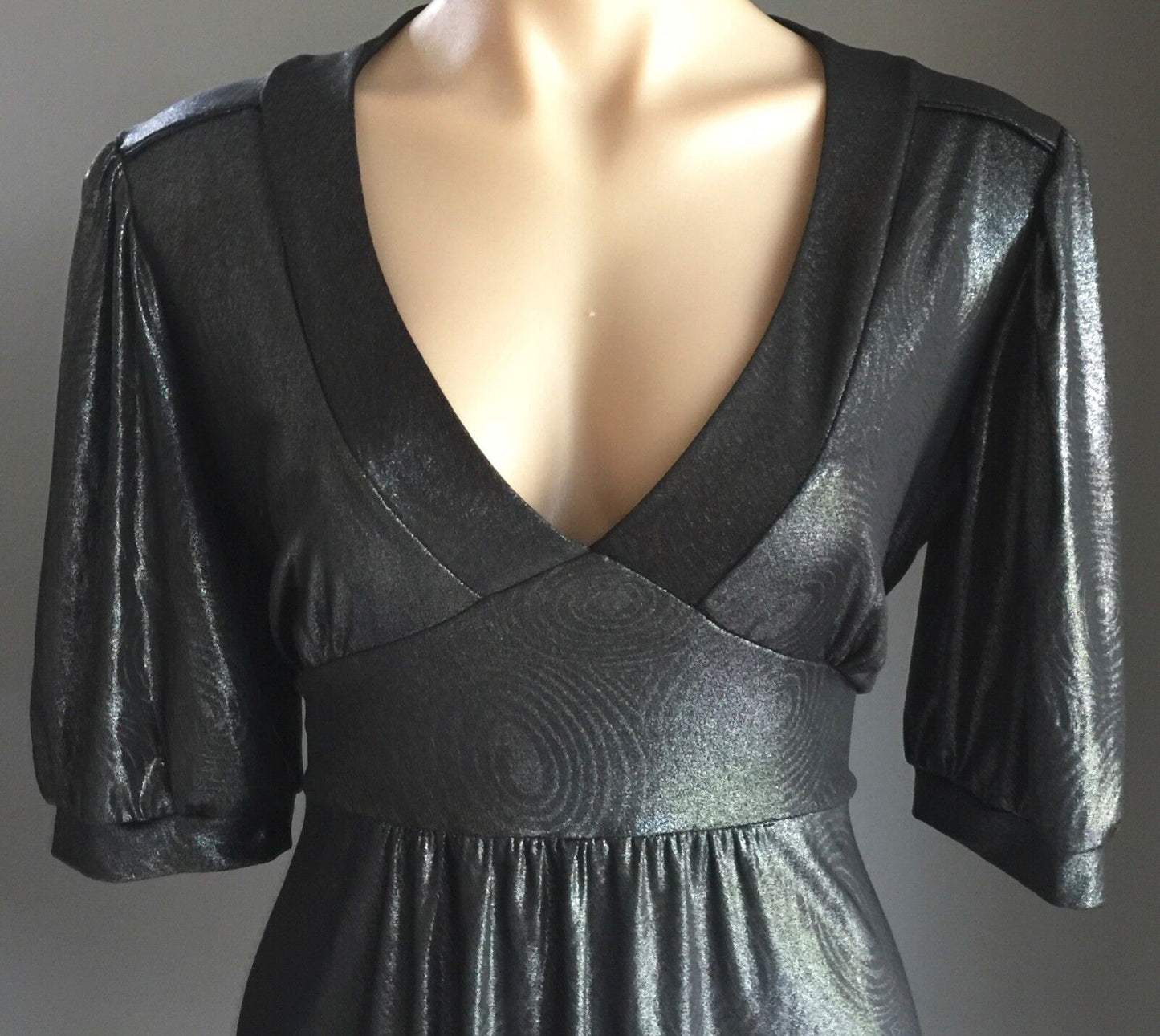 RIKI NATHAN Empire Waist Dress Charcoal Grey Wet Look Tie Back Size 14 Stunning