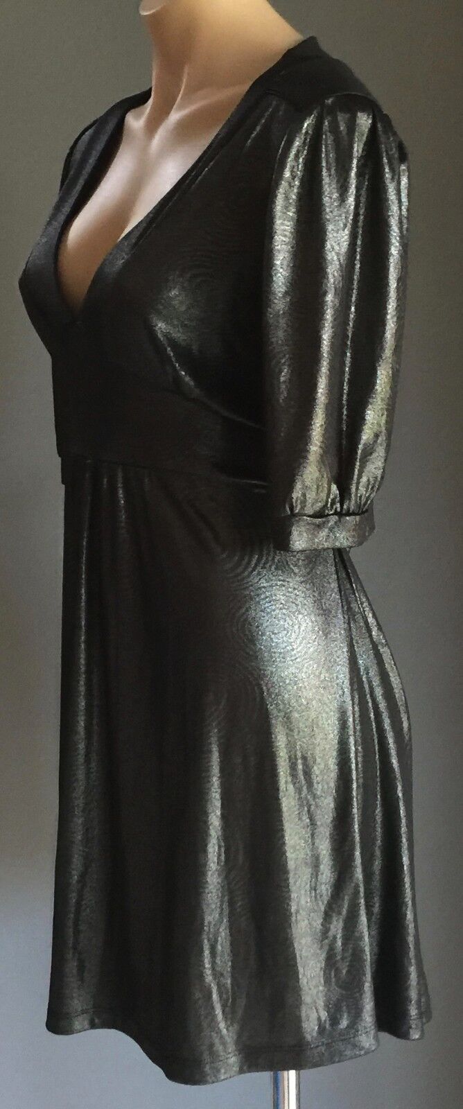 RIKI NATHAN Empire Waist Dress Charcoal Grey Wet Look Tie Back Size 14 Stunning
