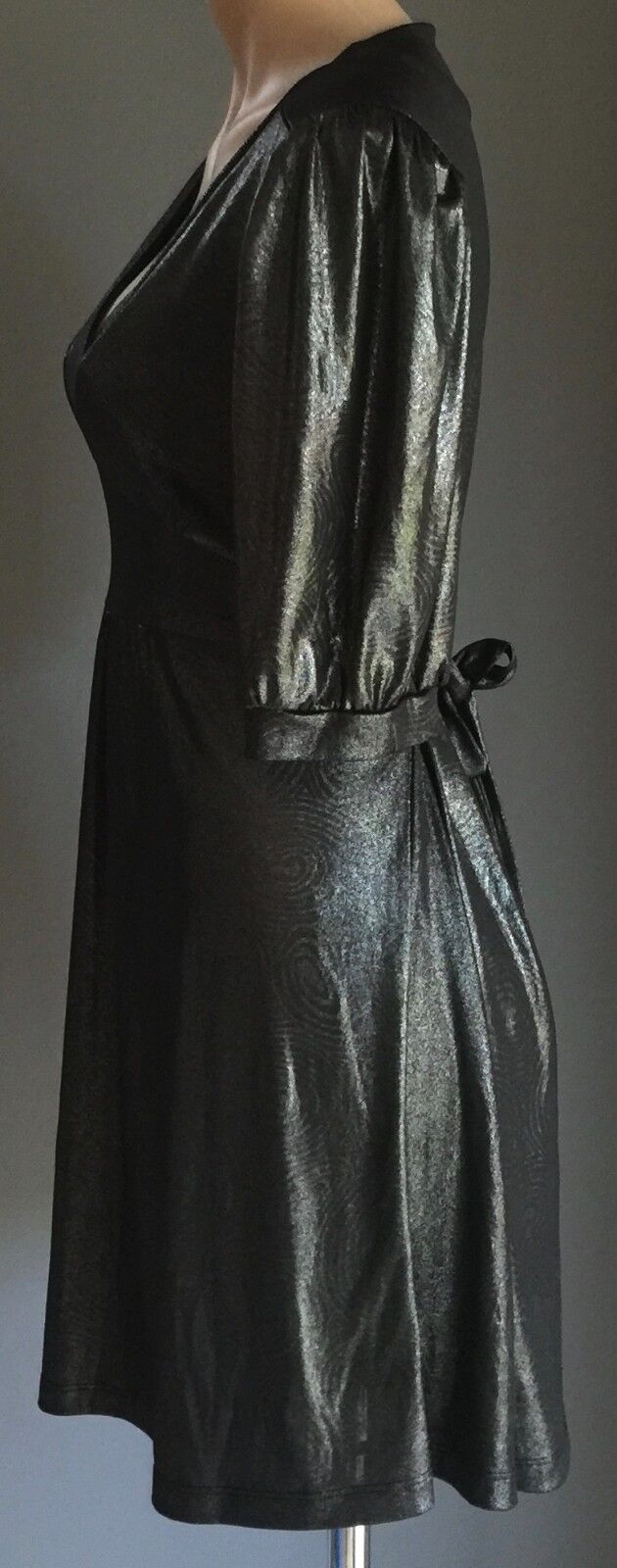 RIKI NATHAN Empire Waist Dress Charcoal Grey Wet Look Tie Back Size 14 Stunning