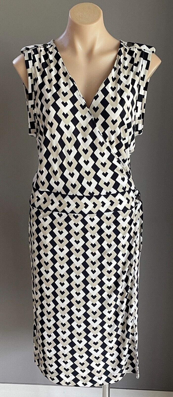BANANA REPUBLIC Dress Black White Taupe Sleeveless Stretch Wrap Midi Size L