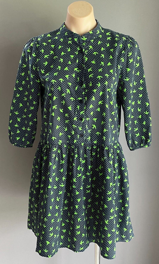 N YOU Dress Navy & White Polka Dot Green Swallow Bird Gathered Waist Size 14