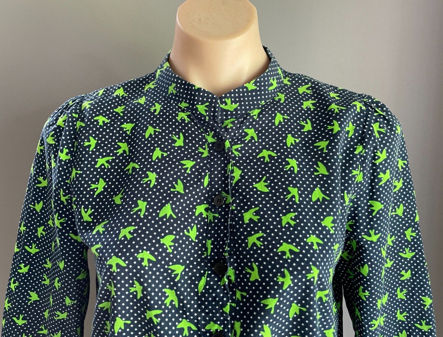 N YOU Dress Navy & White Polka Dot Green Swallow Bird Gathered Waist Size 14
