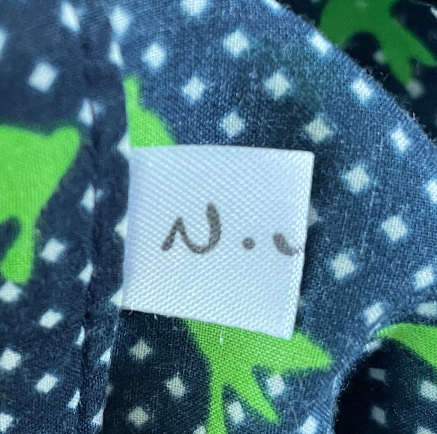 N YOU Dress Navy & White Polka Dot Green Swallow Bird Gathered Waist Size 14