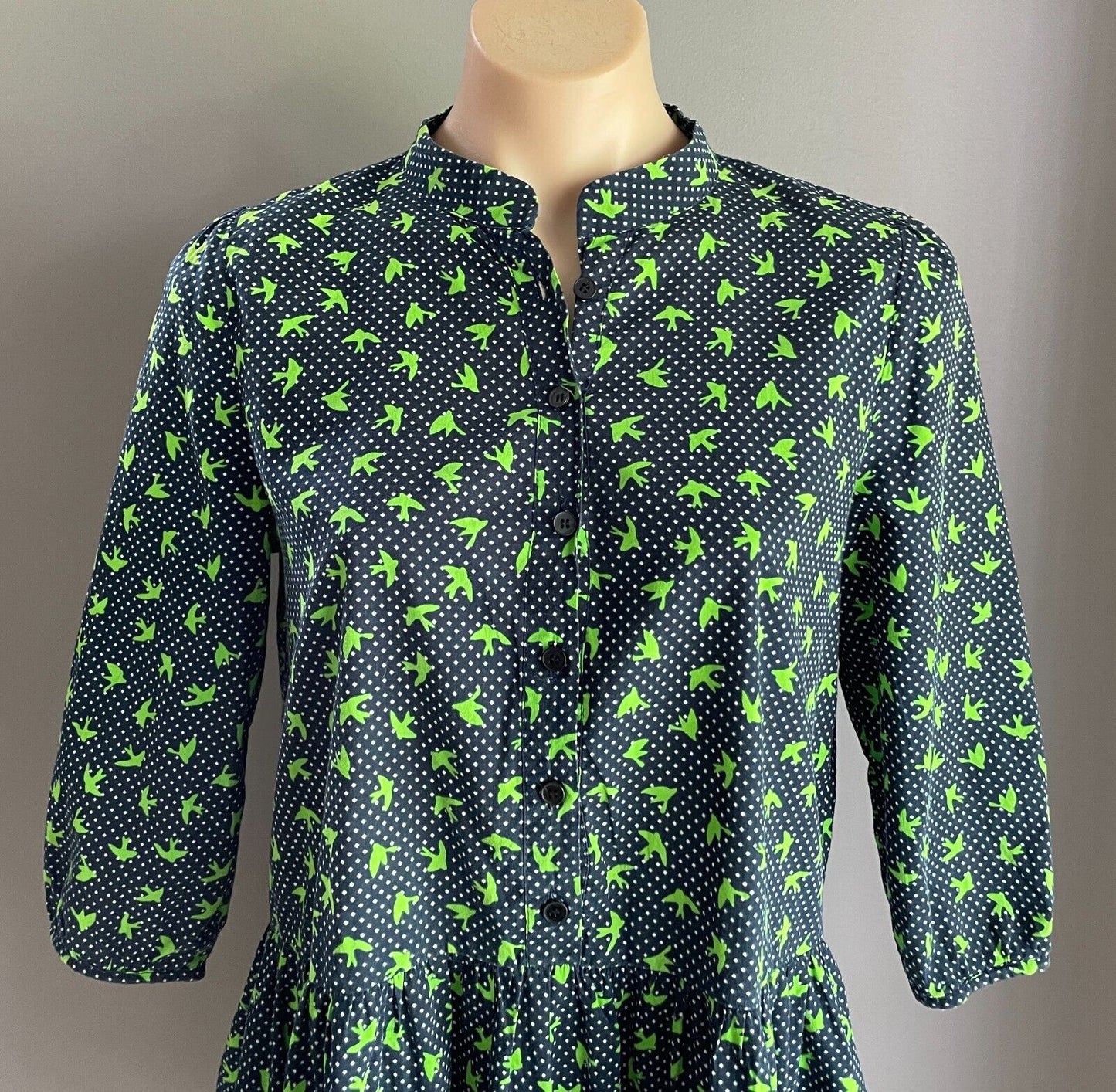 N YOU Dress Navy & White Polka Dot Green Swallow Bird Gathered Waist Size 14