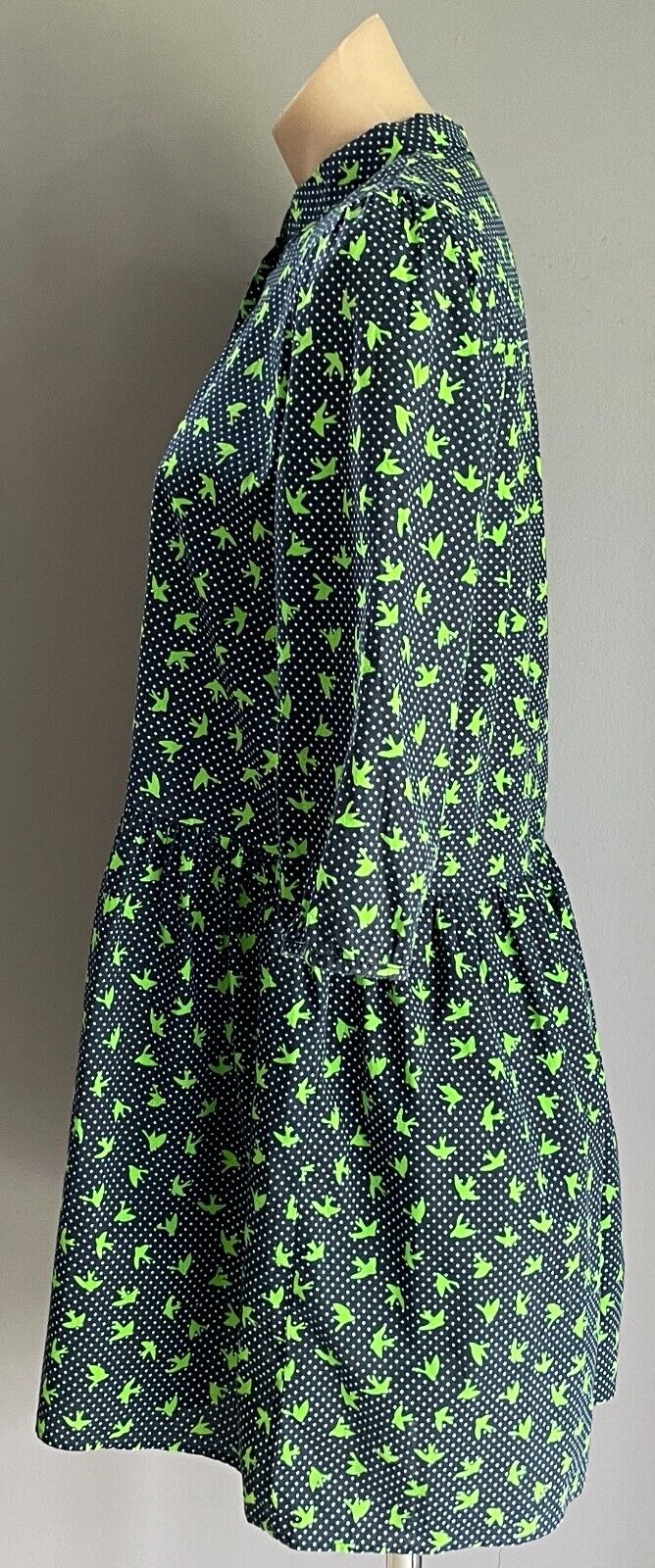 N YOU Dress Navy & White Polka Dot Green Swallow Bird Gathered Waist Size 14