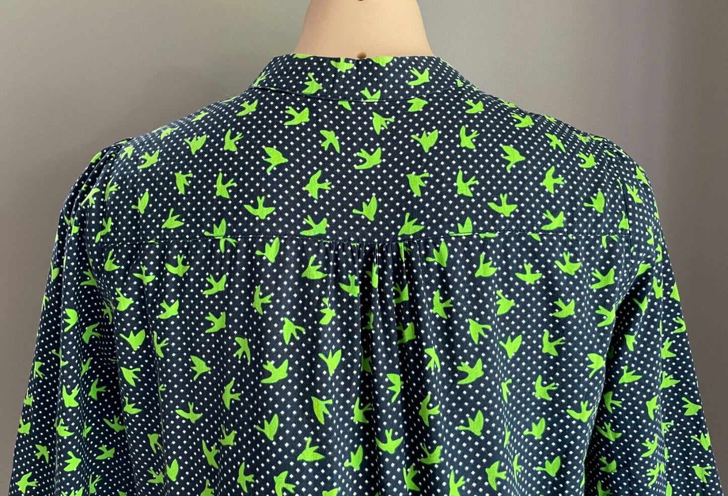 N YOU Dress Navy & White Polka Dot Green Swallow Bird Gathered Waist Size 14