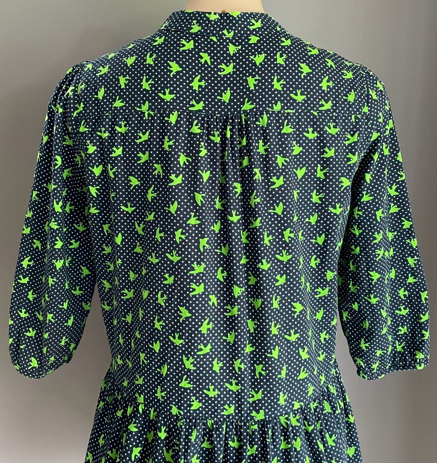 N YOU Dress Navy & White Polka Dot Green Swallow Bird Gathered Waist Size 14
