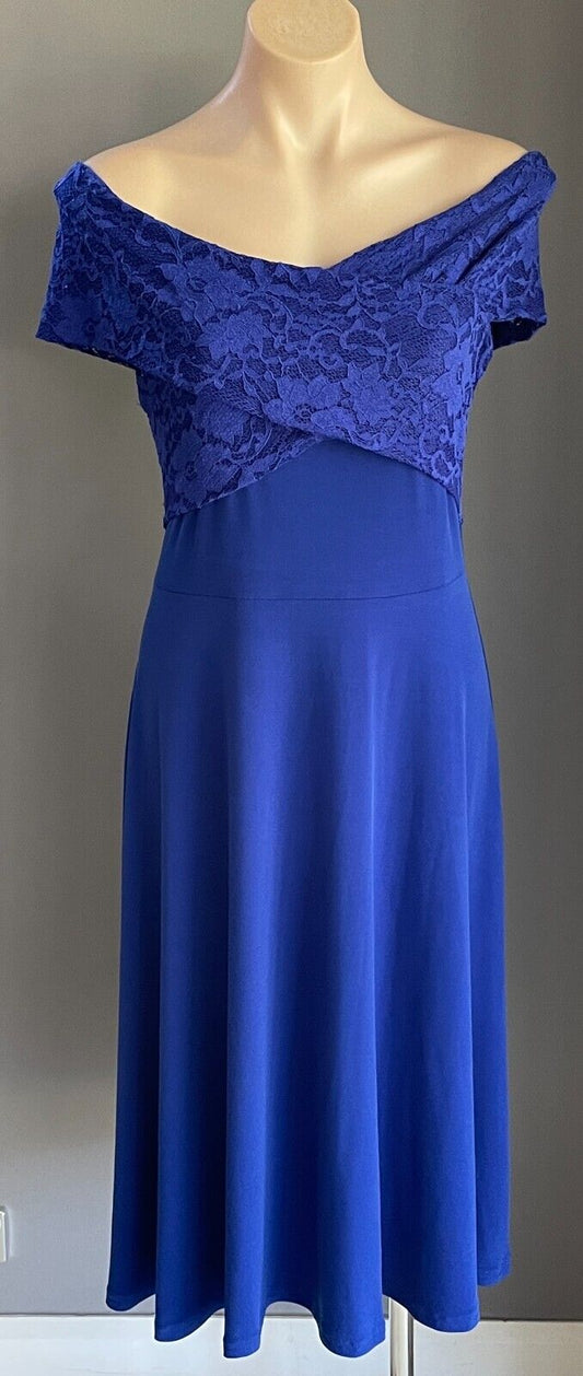 FOUR GIRLZ Dress Cobalt Blue Off the Shoulder Lace Trim Sleeveless A-Line Sze 14
