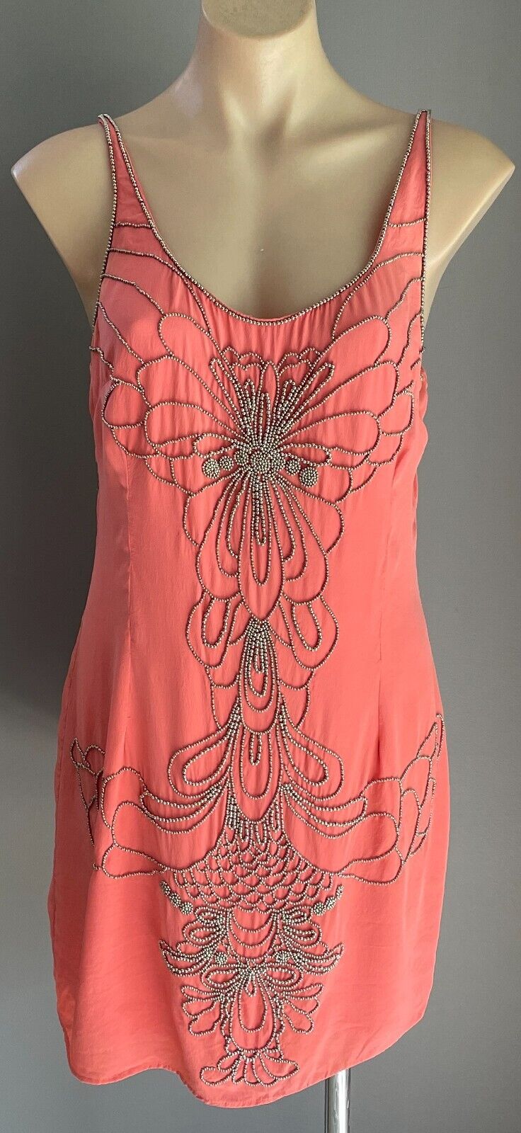 SEDUCE Mini Dress Coral Red & Silver Tone Bead Trim Sleeveless Silk Shift Sz 14