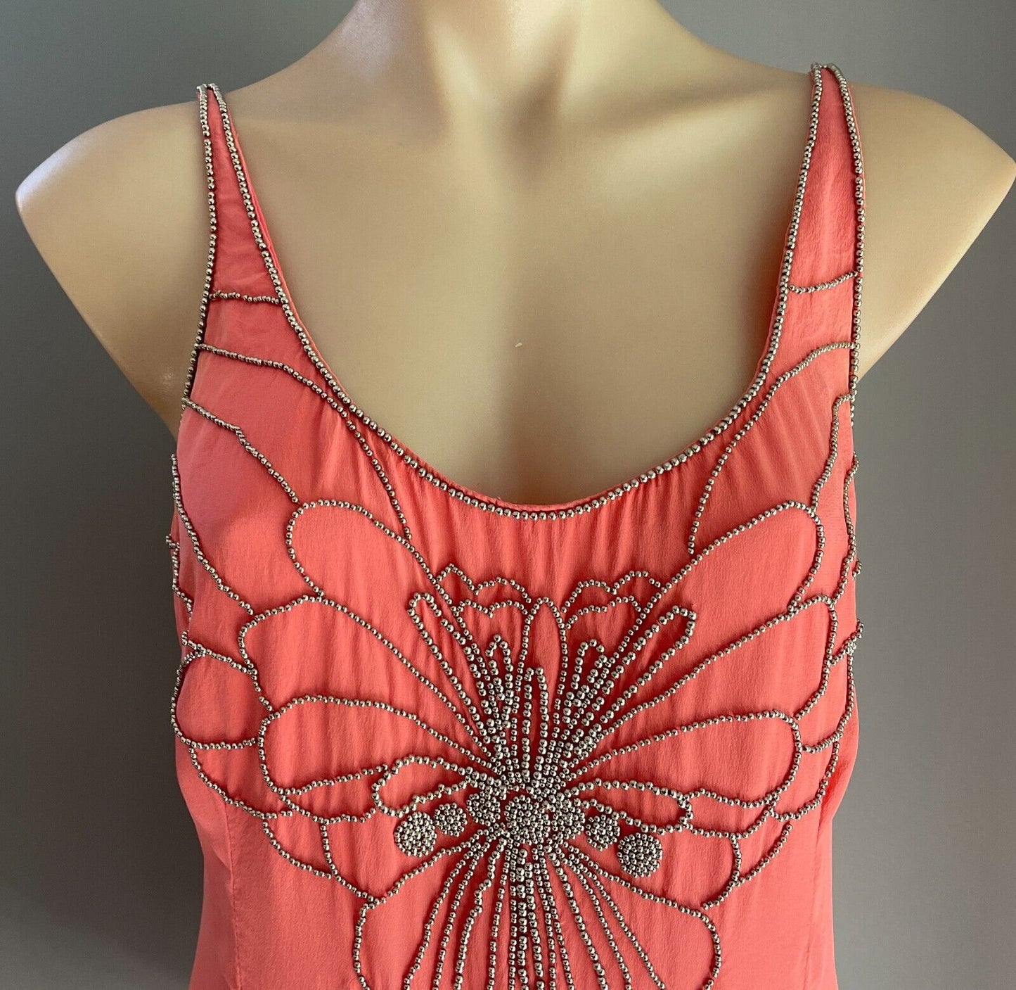 SEDUCE Mini Dress Coral Red & Silver Tone Bead Trim Sleeveless Silk Shift Sz 14