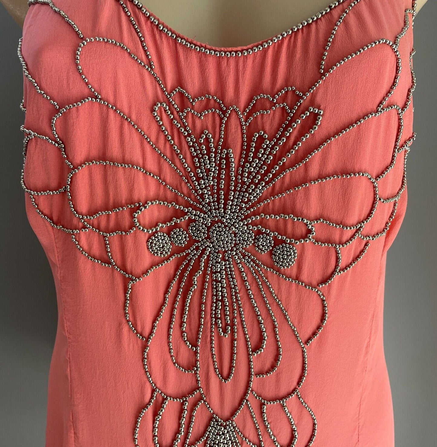 SEDUCE Mini Dress Coral Red & Silver Tone Bead Trim Sleeveless Silk Shift Sz 14