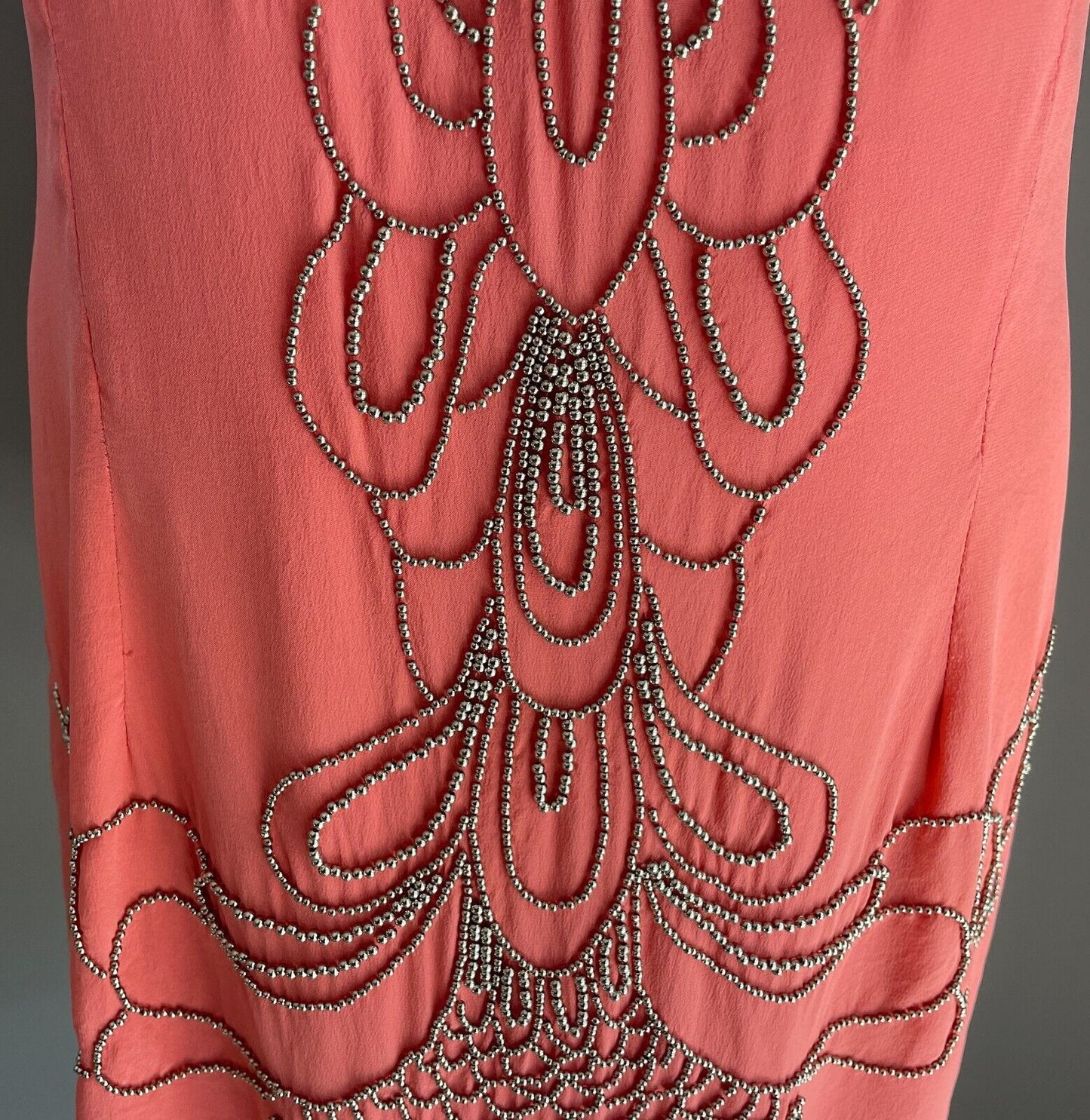 SEDUCE Mini Dress Coral Red & Silver Tone Bead Trim Sleeveless Silk Shift Sz 14