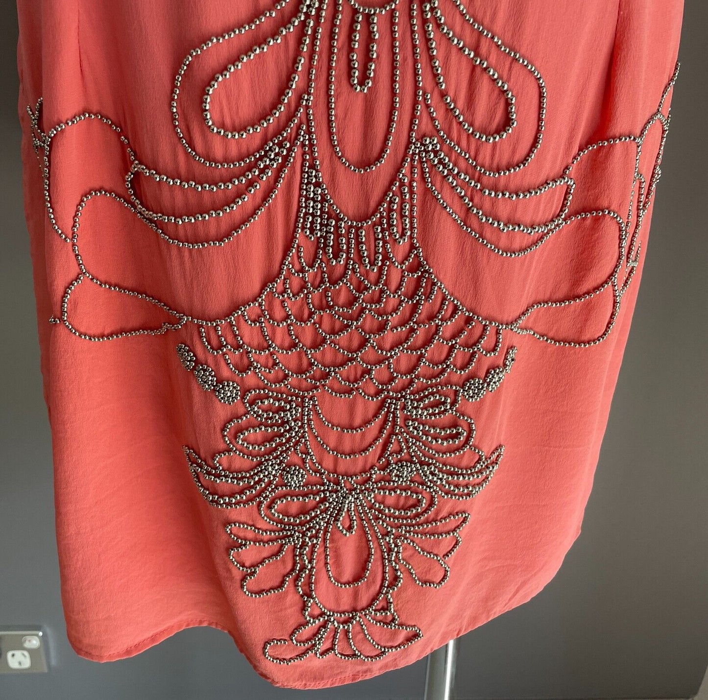 SEDUCE Mini Dress Coral Red & Silver Tone Bead Trim Sleeveless Silk Shift Sz 14