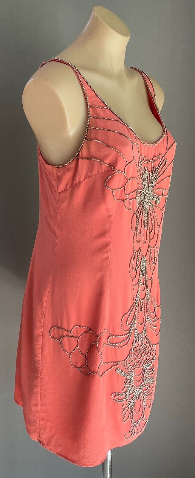 SEDUCE Mini Dress Coral Red & Silver Tone Bead Trim Sleeveless Silk Shift Sz 14